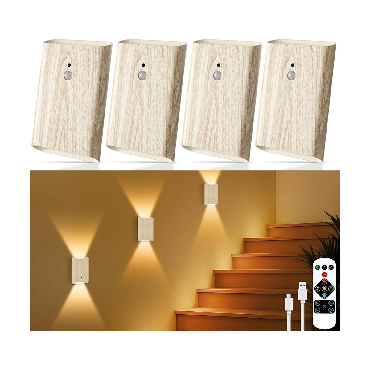 Eneru Motion Sensor Wall Sconce, Rechargeable Wireless Lights Indoor 4 Pack | 5000mAh Battery Powered, Remote 3CCT