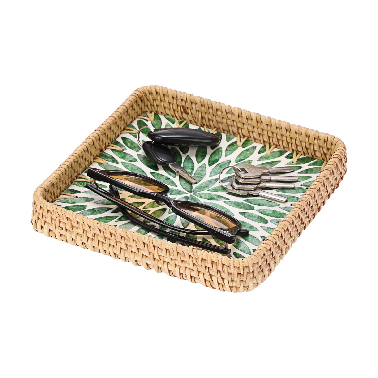 Woven Key Basket for Entryway Table Wicker Basket Tray Key Holder / 8.3 x 8.3 x 1.6 / Green