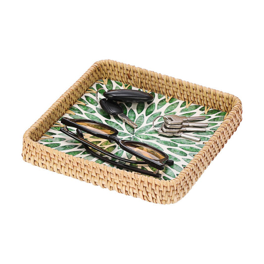 Woven Key Basket for Entryway Table Wicker Basket Tray Key Holder / 8.3 x 8.3 x 1.6 / Green