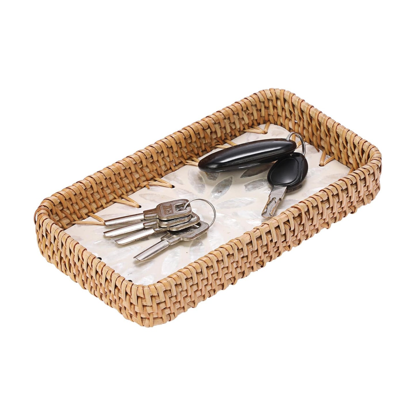 Decorative Key Basket for Entryway Small Handwoven Rattan Tray Rectangular / 8.3 x 4.3 x 1.6 / White