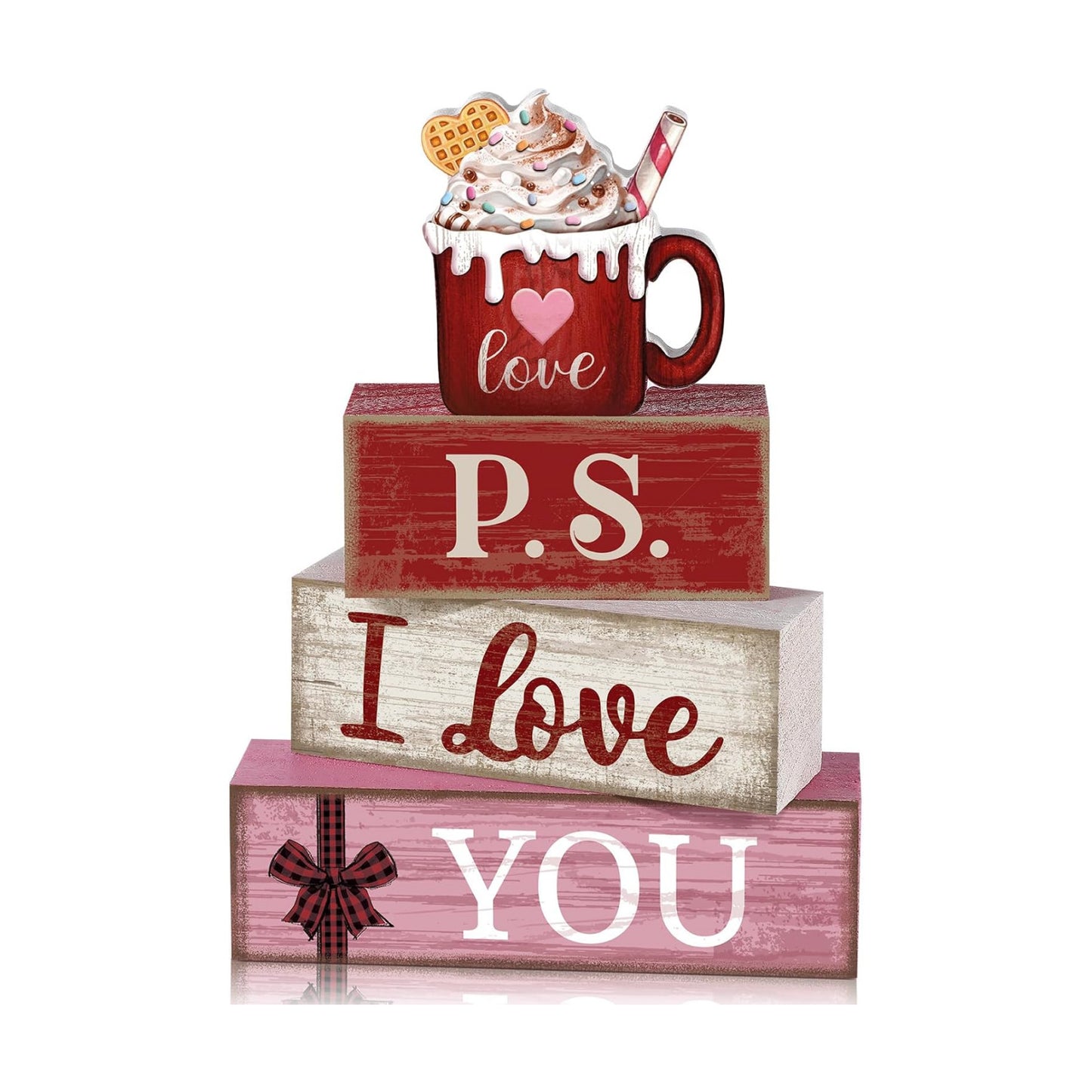 Lineshading 4 Pcs Wooden Block Signs, P.S. I Love You Tiered Tray Decor