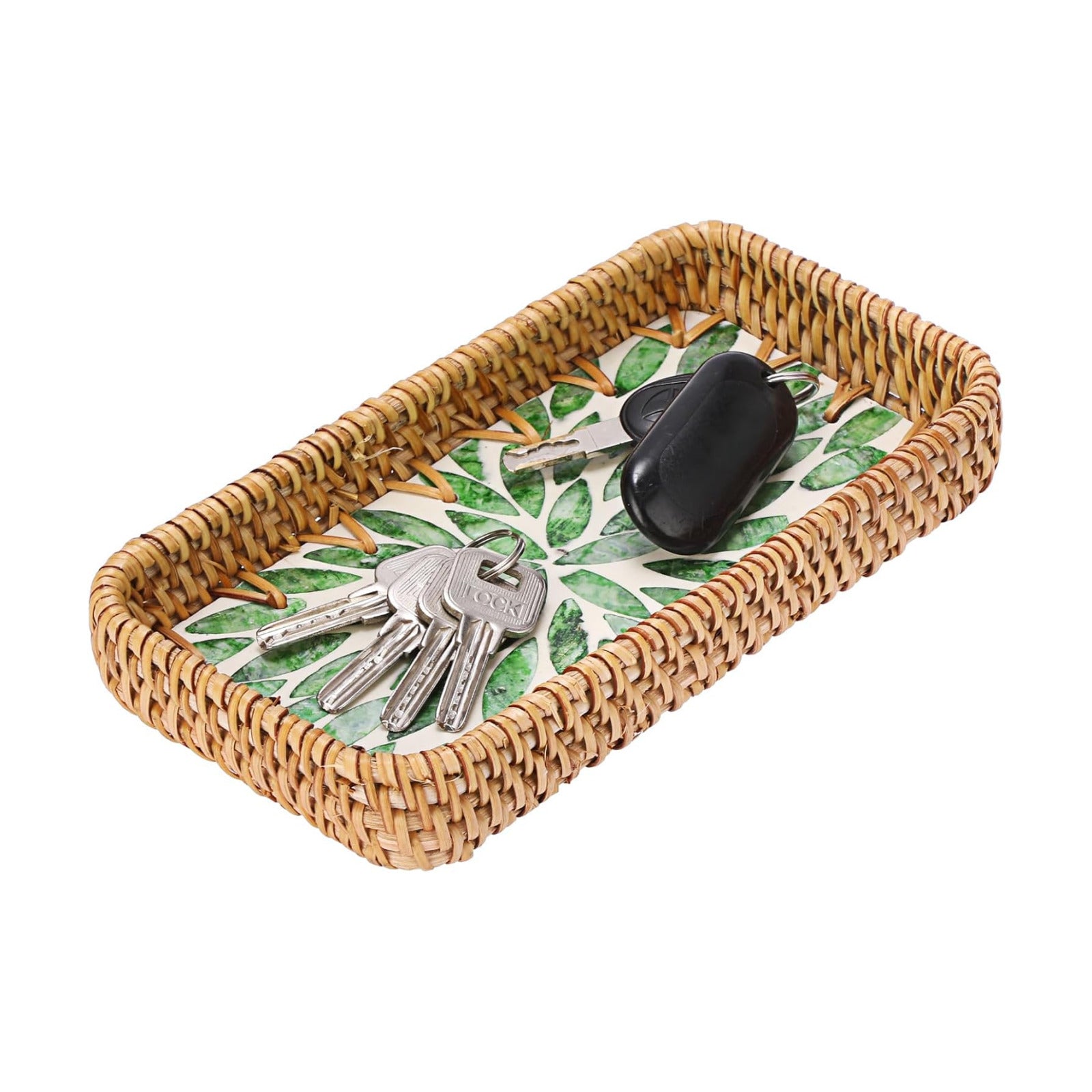 Decorative Key Basket Tray fot Entryway Table Woven Rattan Tray / 8.3 x 4.3 x 1.6 / Green