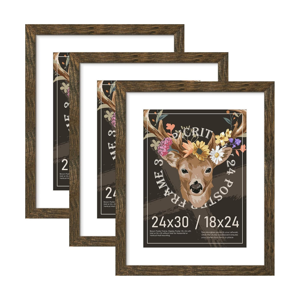 24x30 Rustic Brown Puzzle Frame, Picture Frame for Wall, 3 Pack | Fits 18x24 Posters With Mat or 24x30 Without Mat