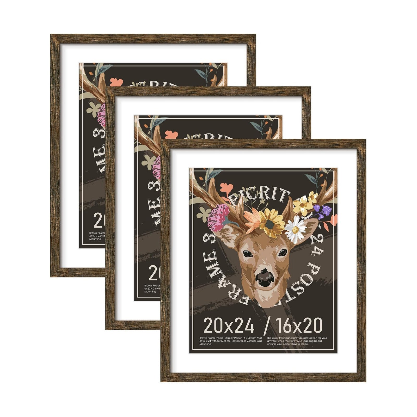 20x24 Rustic Brown Picture Frame, Poster Frame for Wall, 3 Pack | Fits 16x20 Photos With Mat or 20x24 Without Mat