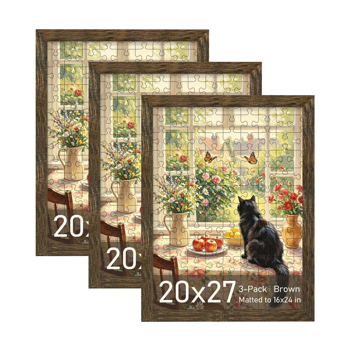 20x27 Rustic Brown Puzzle Frame, Picture Frame for Wall, 3 Pack | Fits 16x24 Posters With Mat or 20x27 Without Mat