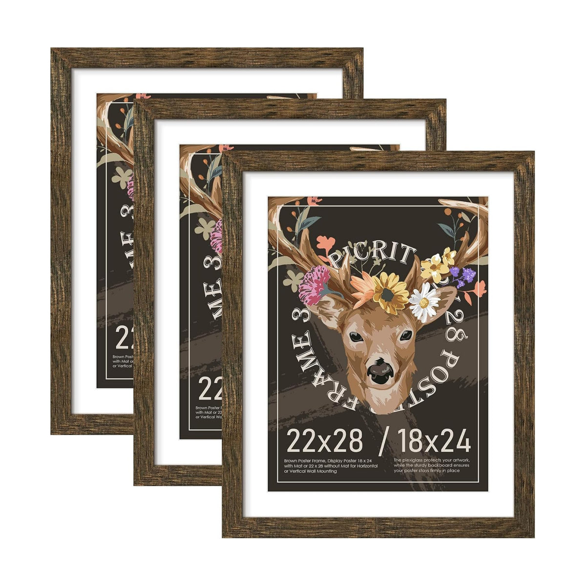 22x28 Rustic Brown Poster Frame, Picture Frame for Wall, 3 Pack | Fits 18x24 Photos With Mat or 22x28 Without Mat