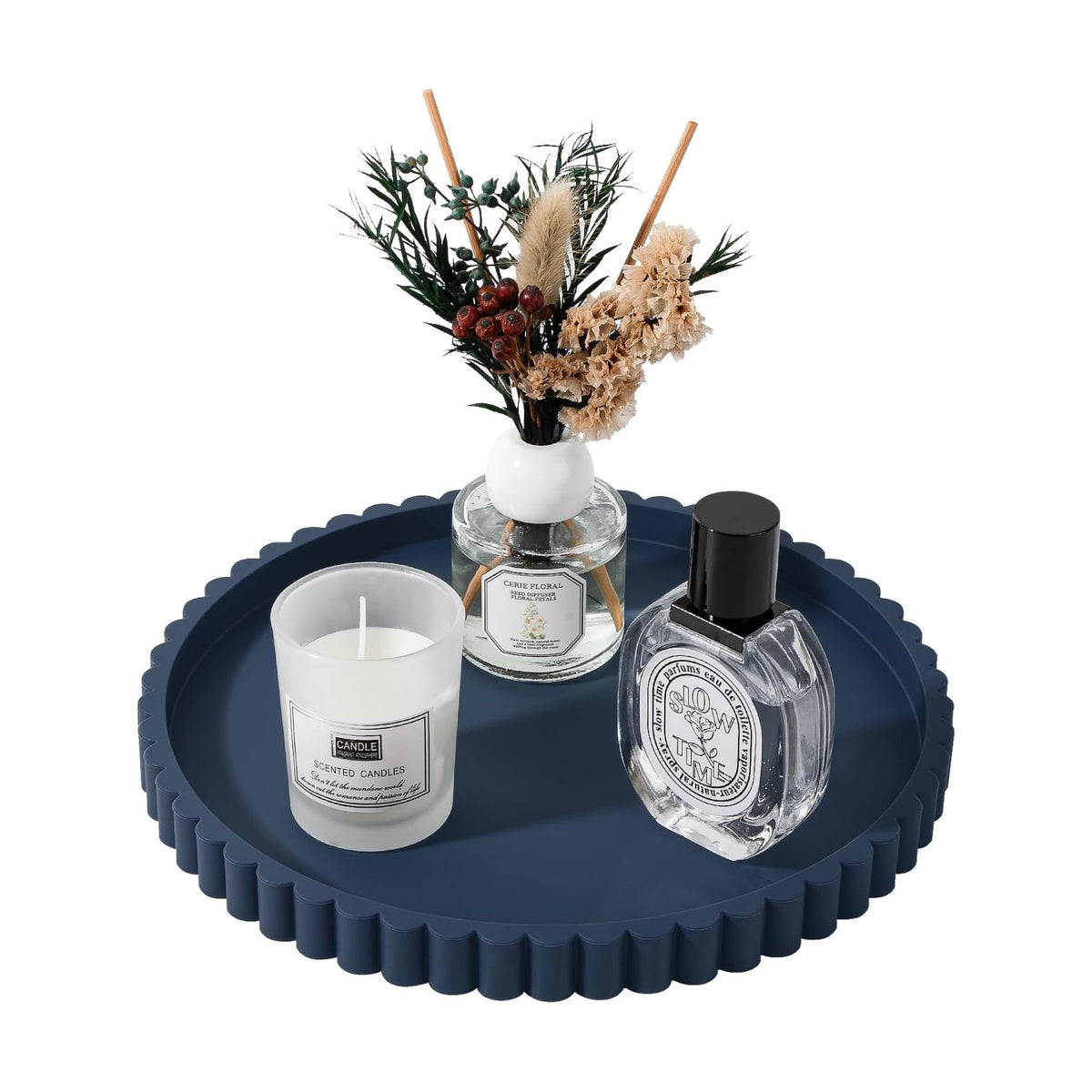 Round Bathroom Tray Perfume Organizer Coffee Table Decor, 9" Dark Blue