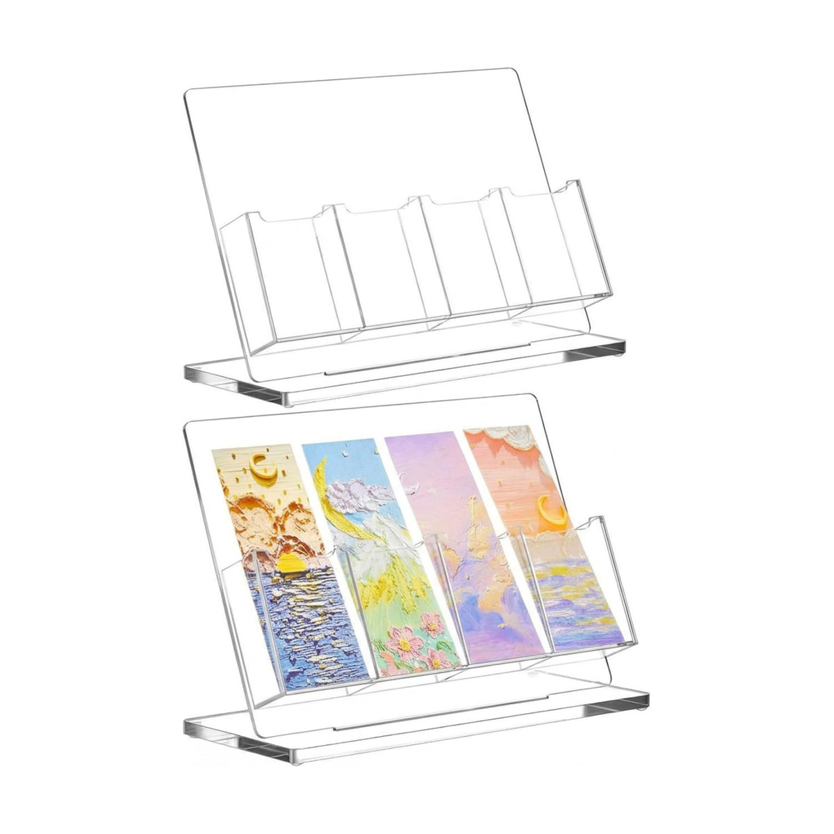 2 Pcs Acrylic Bookmark Display Holder, One-Layer 4 Slots | Freestanding Stand for Vendors Retail Store Craft Show Clear