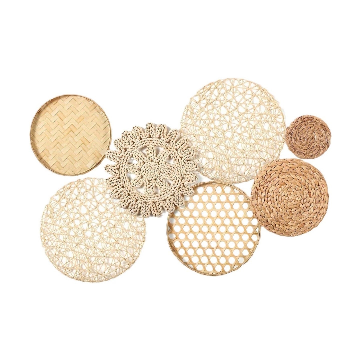 Boho Wall Baskets /Set Different Size & Style Boho Wall Basket Decor Straw Woven & Round / Set of 7