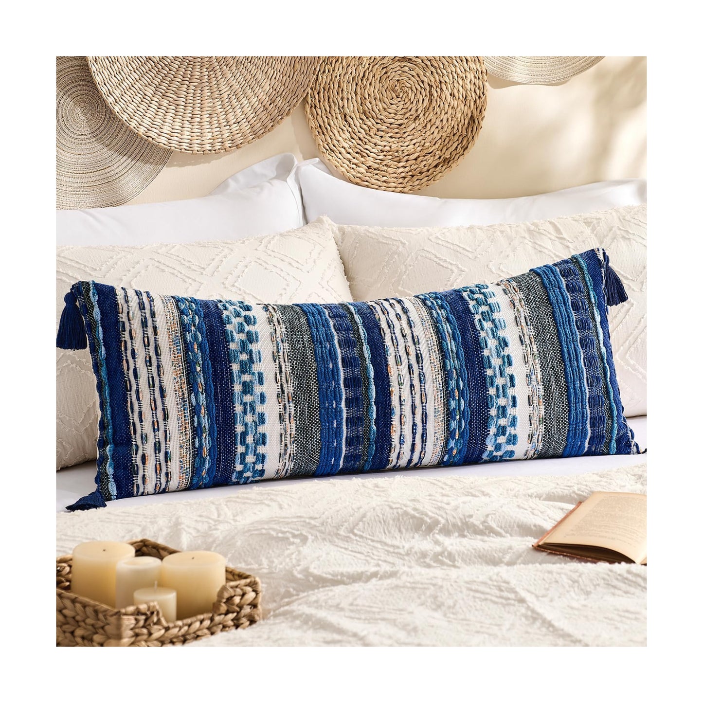 Kevin Textile Long Lumbar Pillow Cover Boho Decorative Rectangle Cushion Case Throw / 36 x 14 / Blue