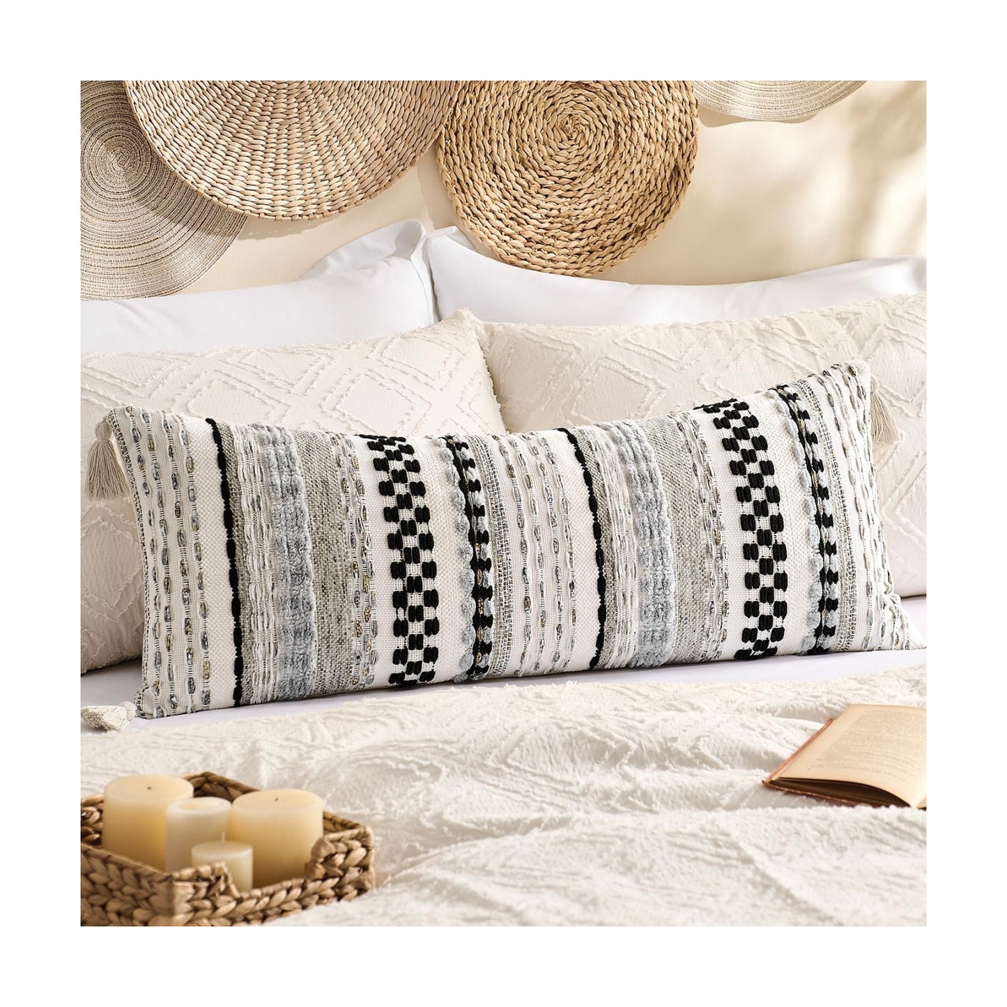 Kevin Textile Long Lumbar Pillow Cover Boho Decorative Rectangle Cushion Case / 36 x 14 / Black