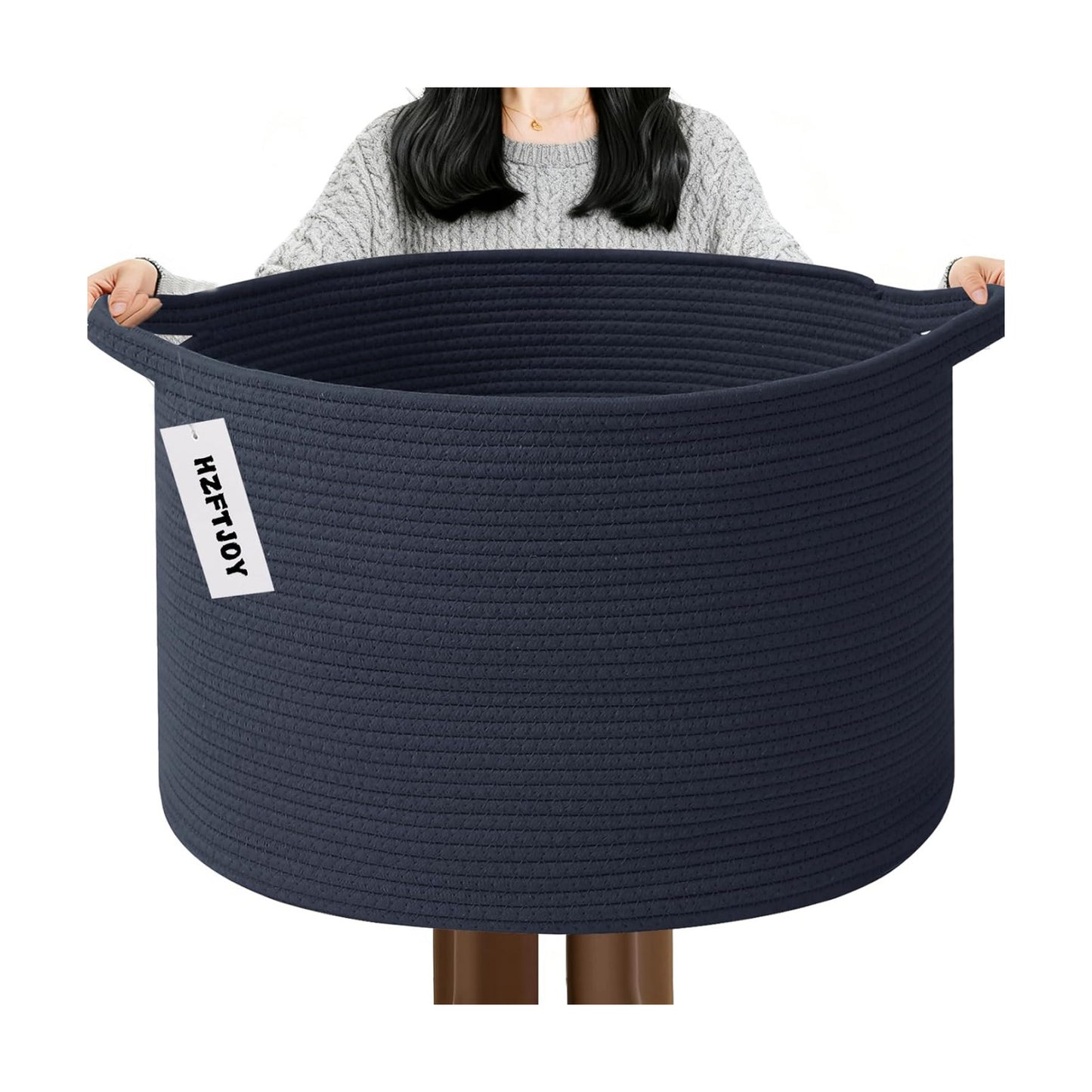 Woven Rope Laundry Basket Hamper / Dark Blue / 19.7"L x 19.7"W x 13"H