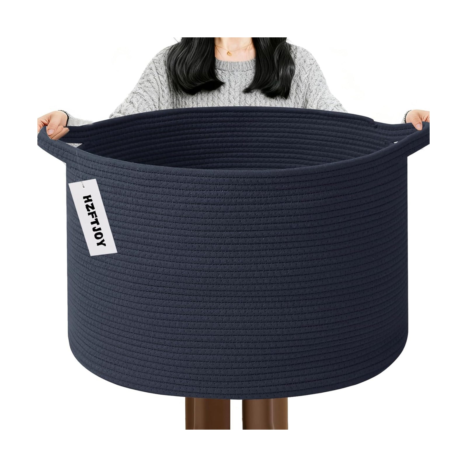 Woven Rope Laundry Basket Hamper / Dark Blue / 19.7"L x 19.7"W x 13"H