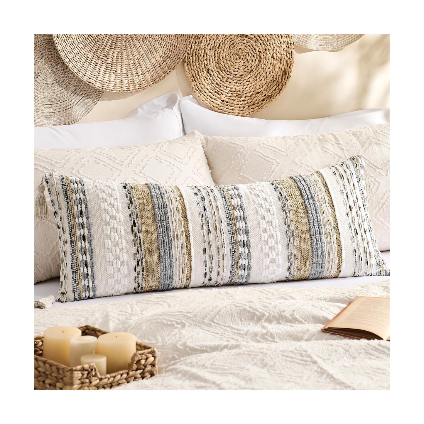 Kevin Textile Spring Long Lumbar Pillow Cover Boho Decorative Rectangle Cushion / 36 x 14 / Beige