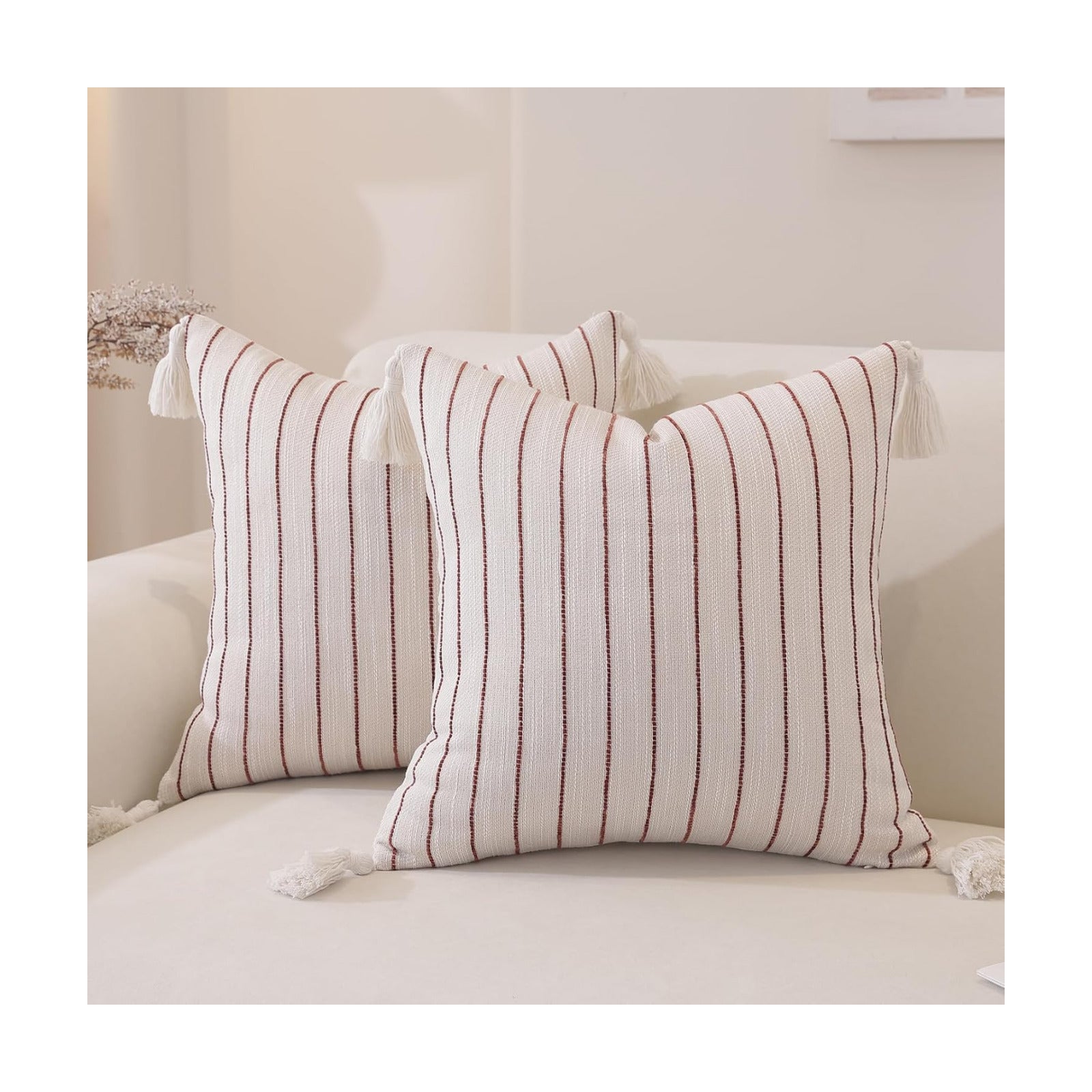 Decorative Boho Throw Pillow Covers / Coffee Brown Striped / 18 x 18 / Set of 2