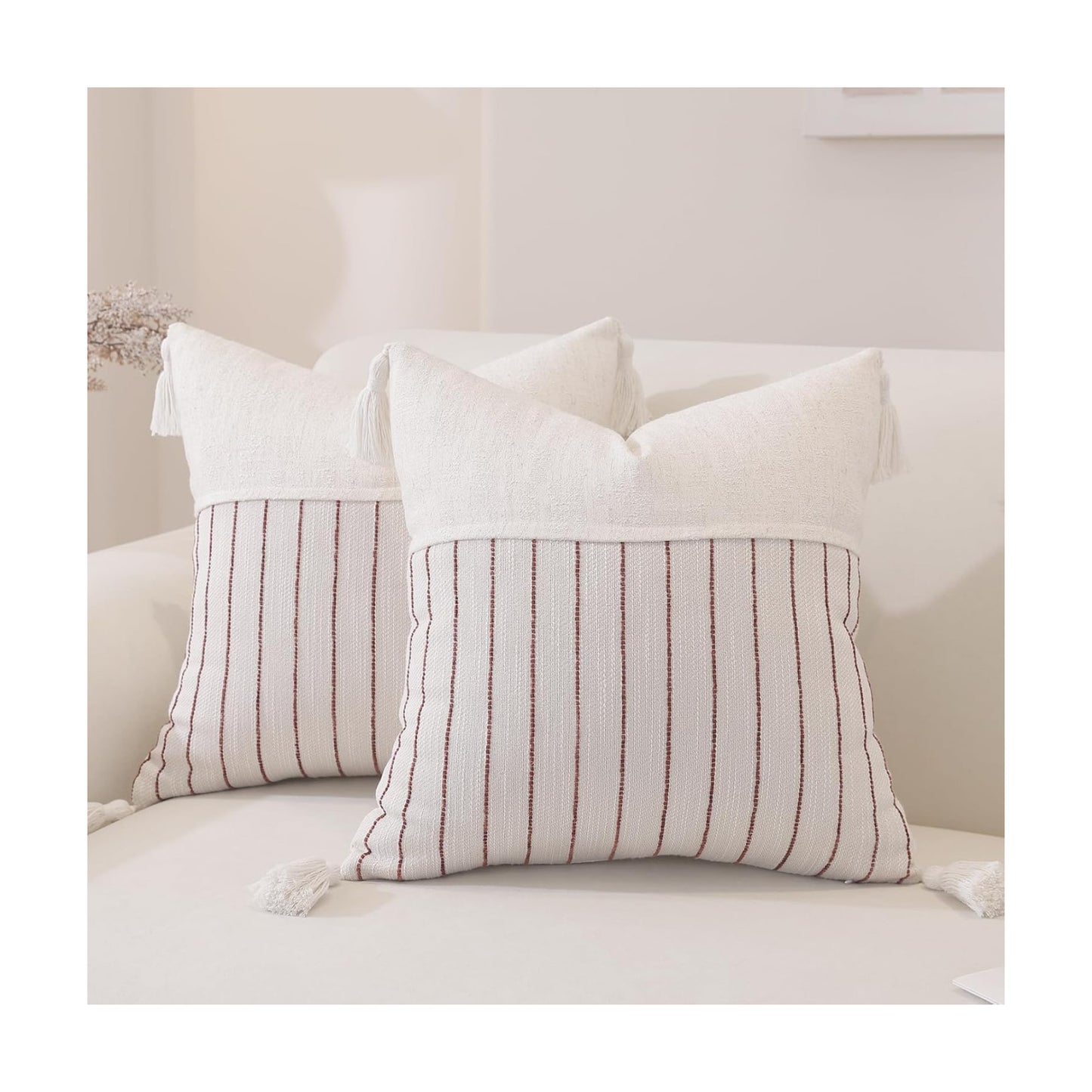 Decorative Boho Throw Pillow Covers / Coffee Brown Striped Paneled / 18 x 18 / Set of 2