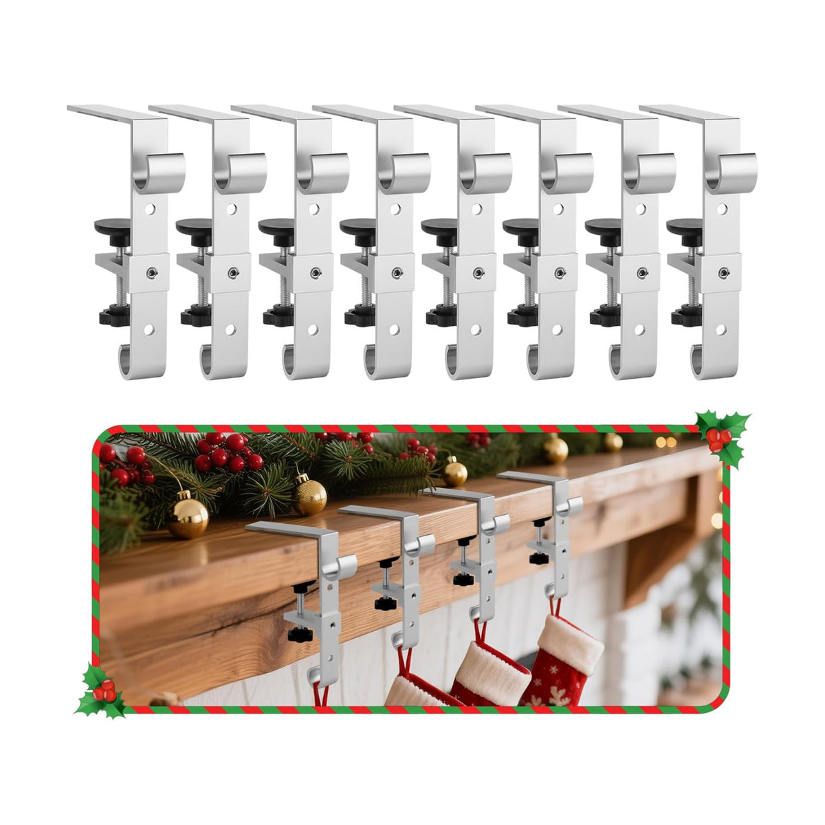 Stocking Hangers for Mantel,Adjustable Christmas Stocking Holder (8pcs-Silver)