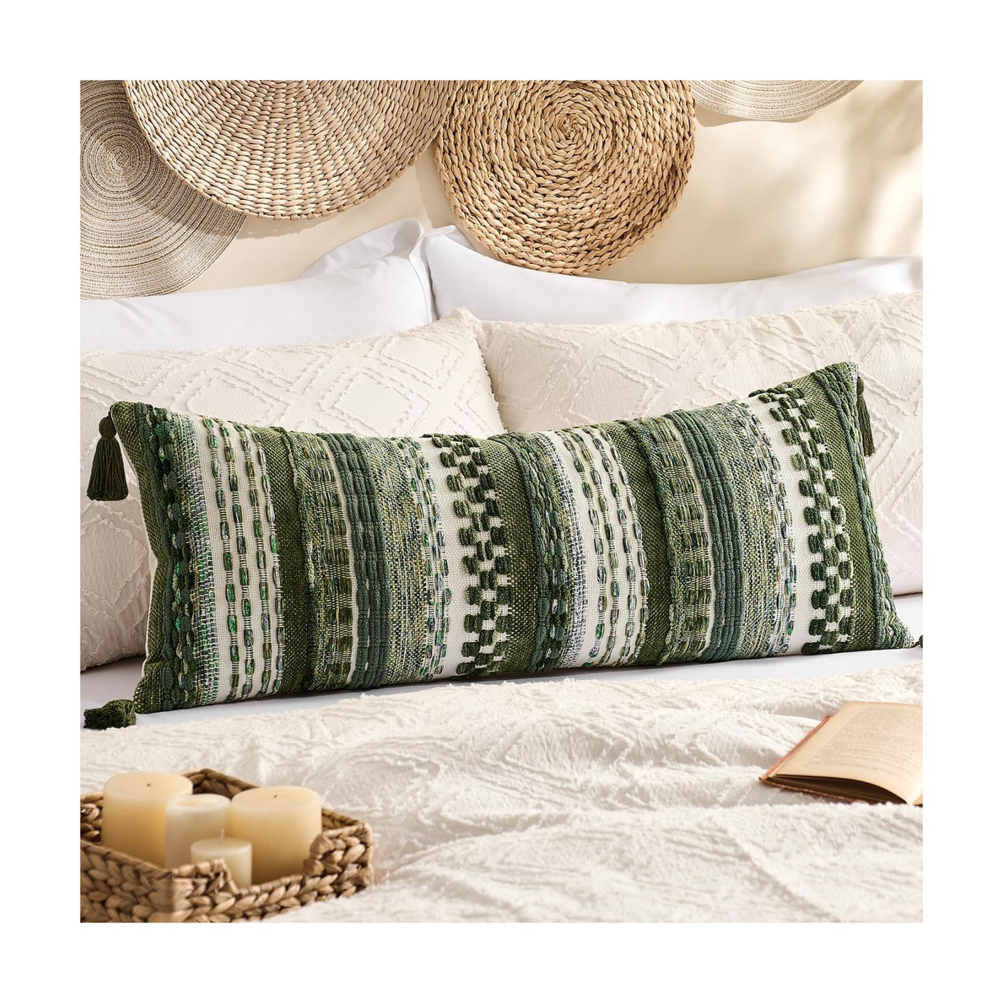 Kevin Textile Long Lumbar Pillow Cover Boho Decorative Rectangle Cushion Case / 36 x 14 / Green