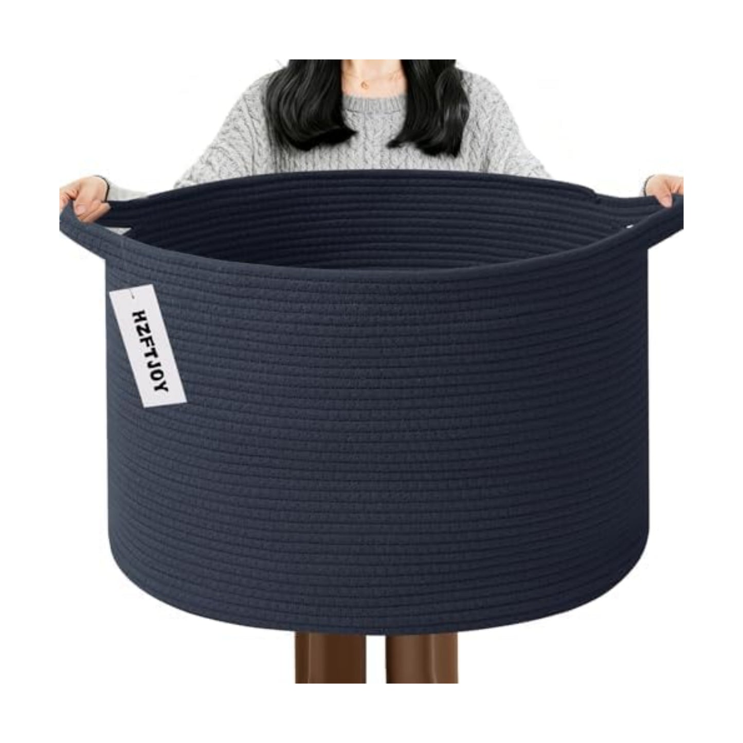 115L Extra Large Woven Cotton Rope Laundry Basket-Navy Blue