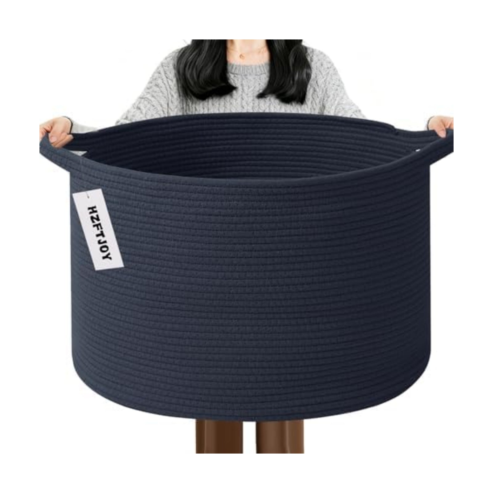 115L Extra Large Woven Cotton Rope Laundry Basket-Navy Blue