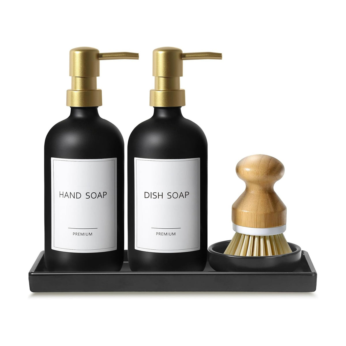 GMISUN Dish Soap Dispenser for Kitchen, 17 fl oz Dish Soap Dispensers with Ceramic Tray & Bamboo Brush & Gold Pump