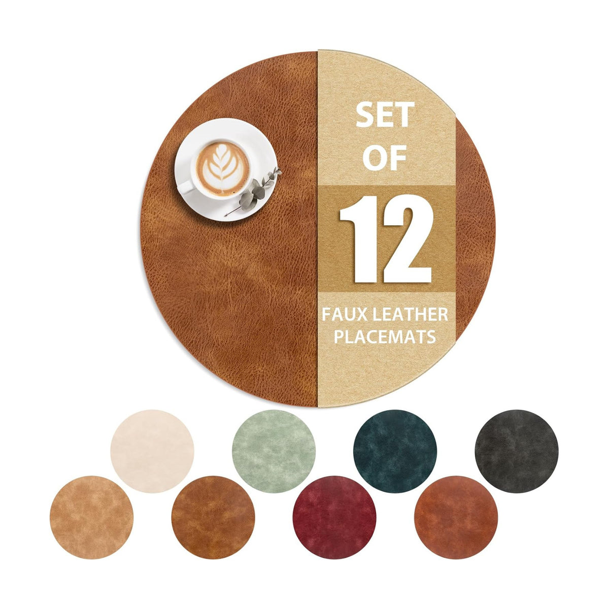 ADRIMER Placemats, Heat Resistant Round Placemats Set of 12 Washable, Waterproof Table Mats, Wipeable Faux Leather
