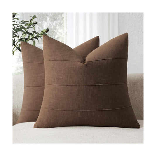 Decorative Linen Throw Pillow Covers Solid Handcrafted Striped Cushion / Brown / 18 x 18 / Set of 2