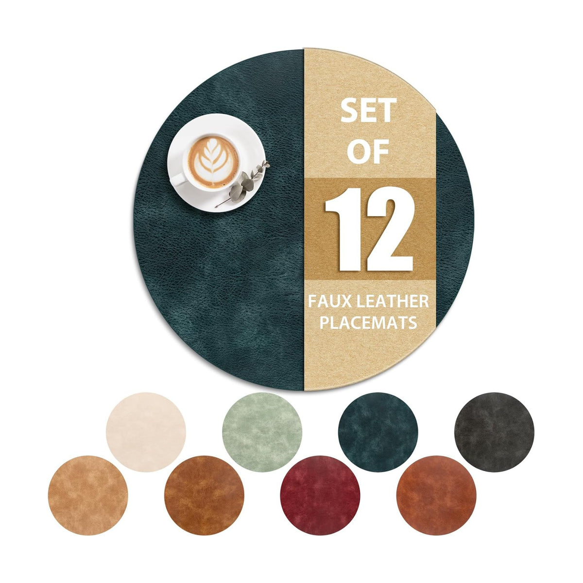 ADRIMER Placemats, Heat Resistant Round Placemats Set of 12 Washable, Waterproof Table Mats, Wipeable Faux Leather