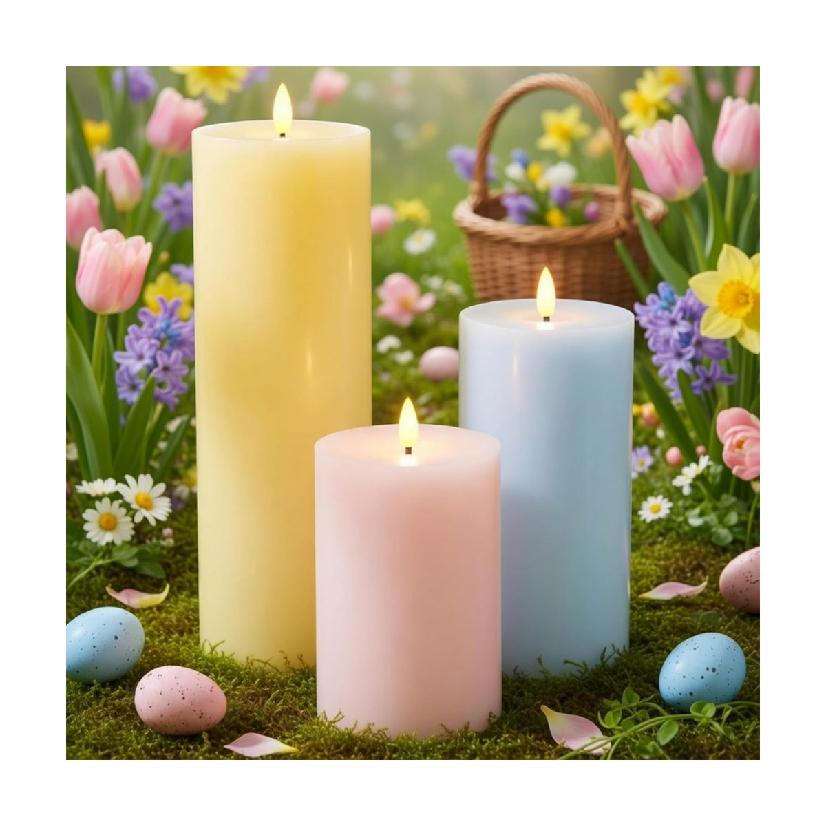 3 Pcs Easter 6/8/12 Inches Large Flameless LED Candles with Remote and 2/4/8 H Timer Yellow Pink and Blue Battery