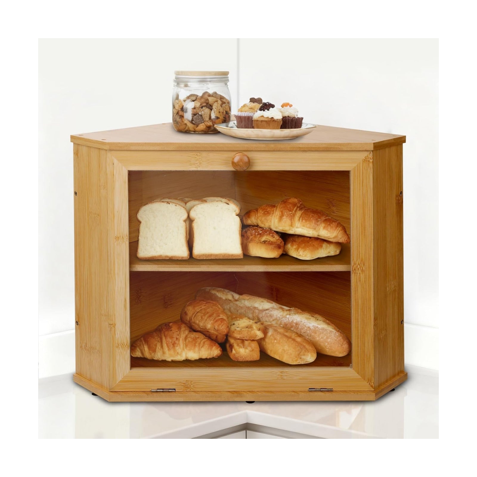 Kitchen corner bread box，Bamboo bread storage box，Sealed design with slight air circulation, keeps bread fresh