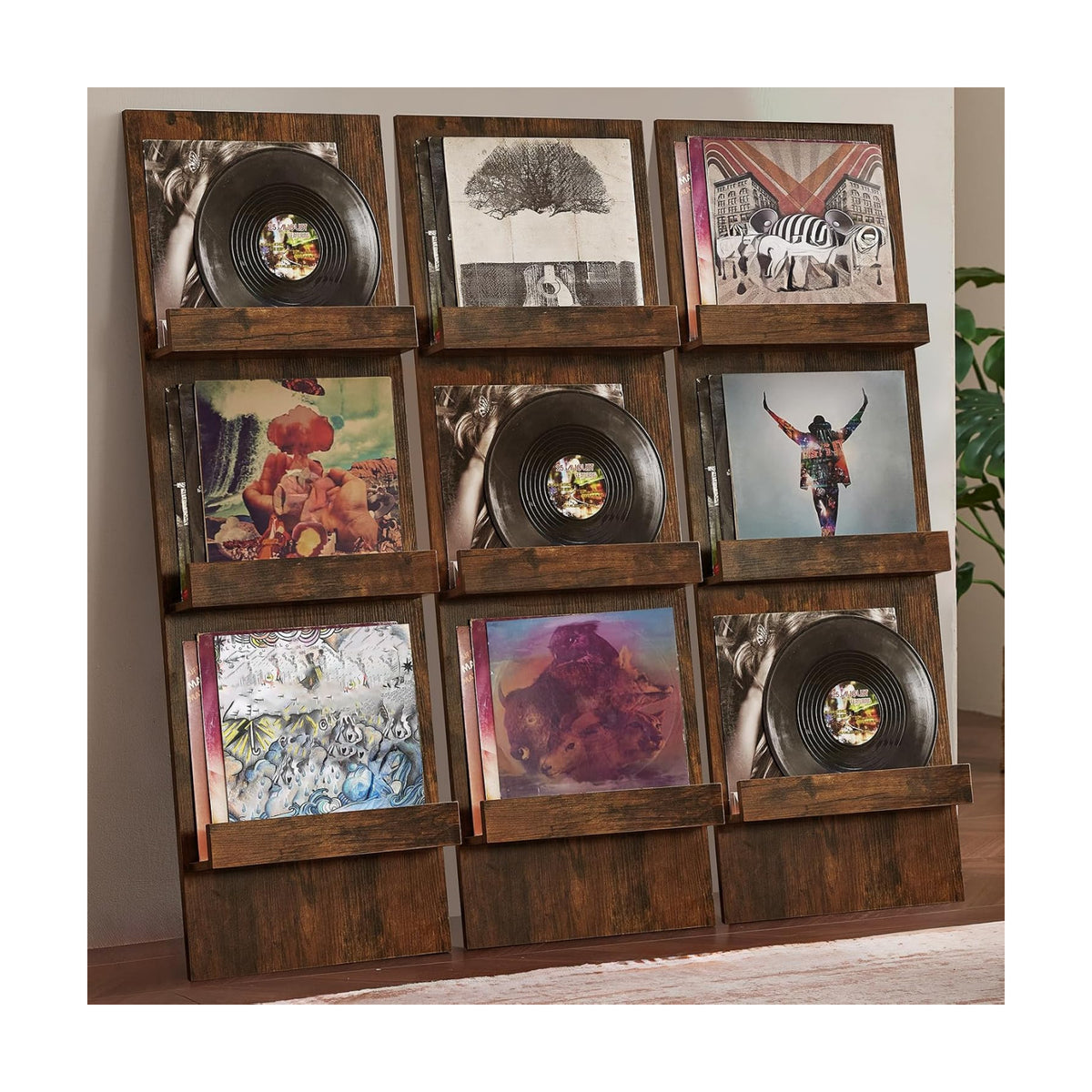 Wall-Leaning Vinyl Record Holder Set of 3 with 3 Tier Display Shelf, 47.5'' Tall Record Storage Magazine Holder, Vinlys
