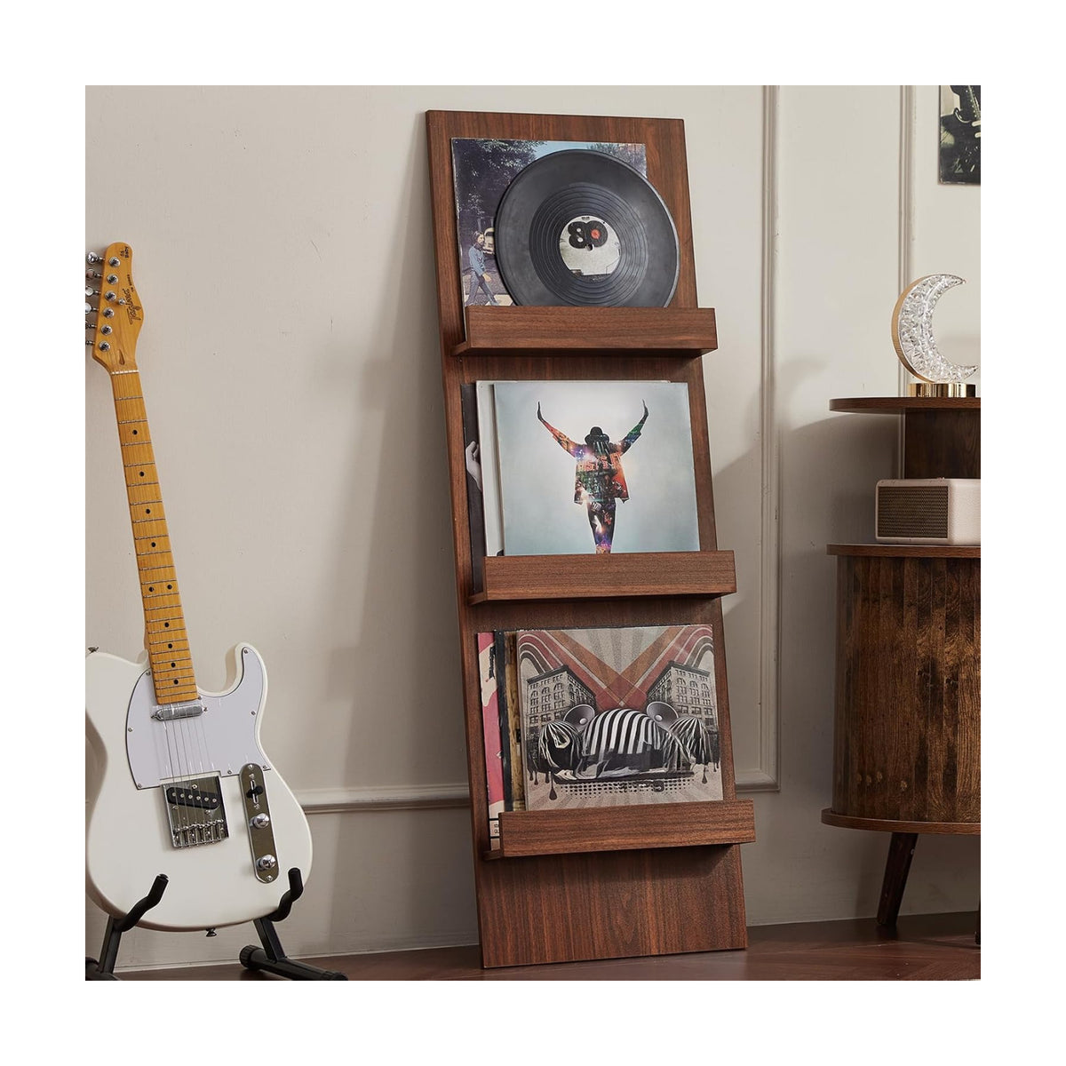 Wall-Leaning Vinyl Record Holder with 3 Tier Display Shelf, 47.5'' Tall Record Storage Magazine Holder, Vinlys Stand