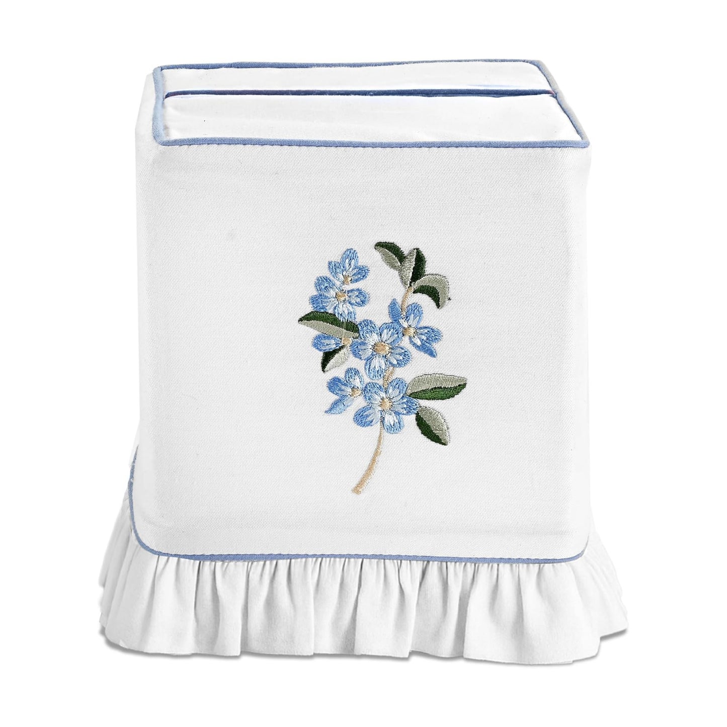 Embroidered White Cotton Tissue Box Cover / Blue Floral