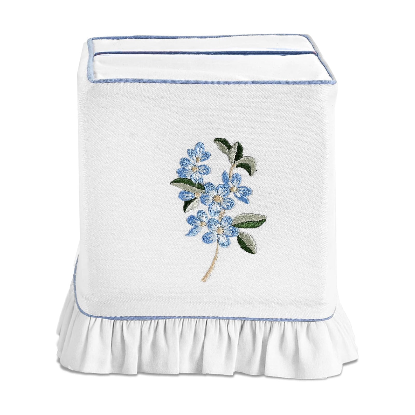 Embroidered White Cotton Tissue Box Cover / Blue Floral