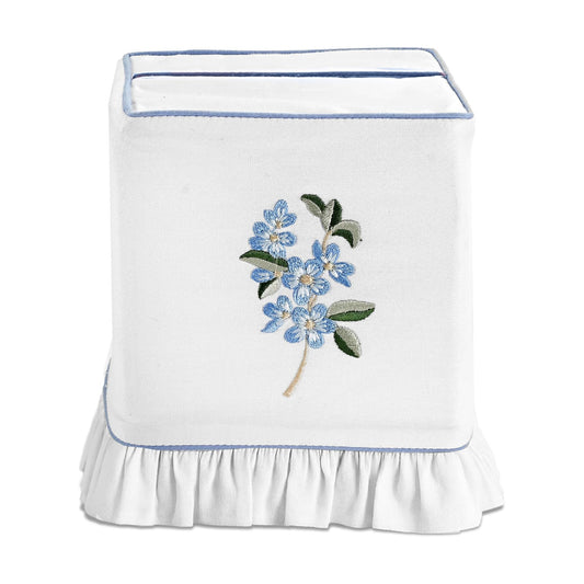 Embroidered White Cotton Tissue Box Cover / Blue Floral