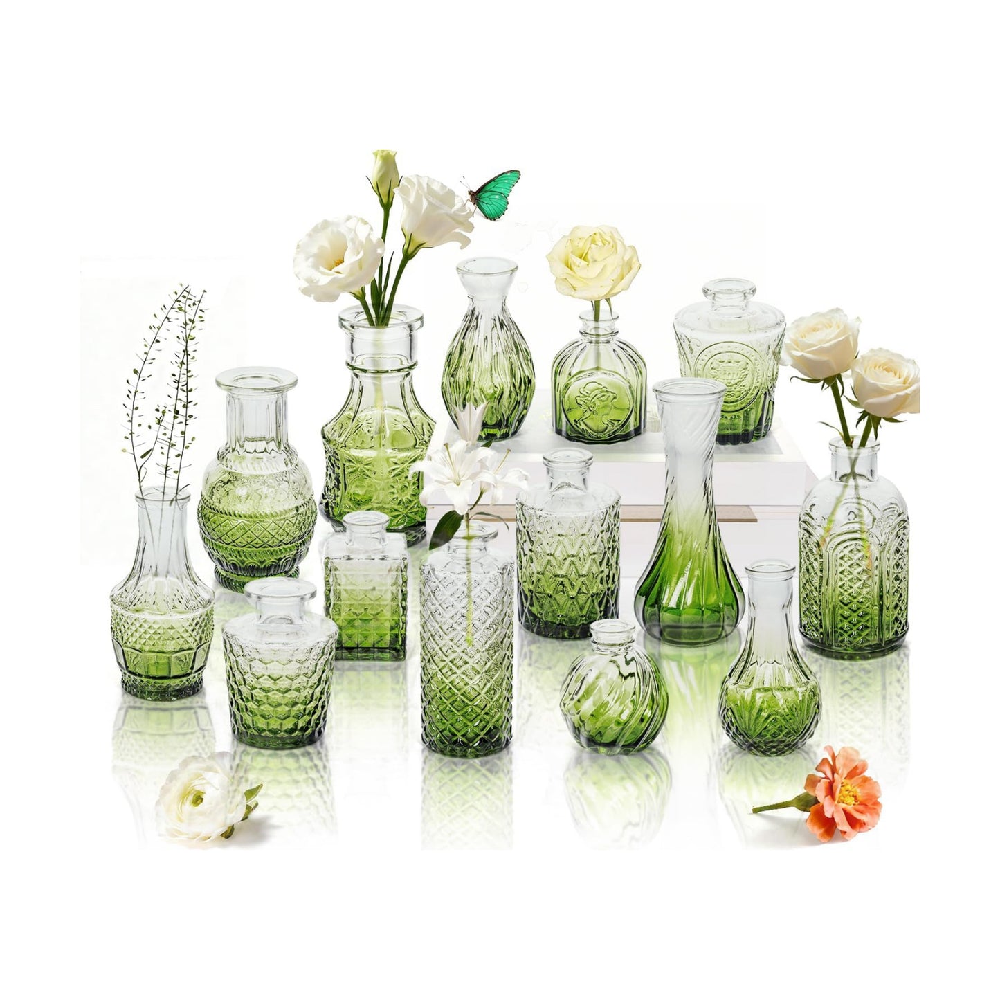 Clear Glass Bud Vase Pcs / Gradient Green / Set of 14