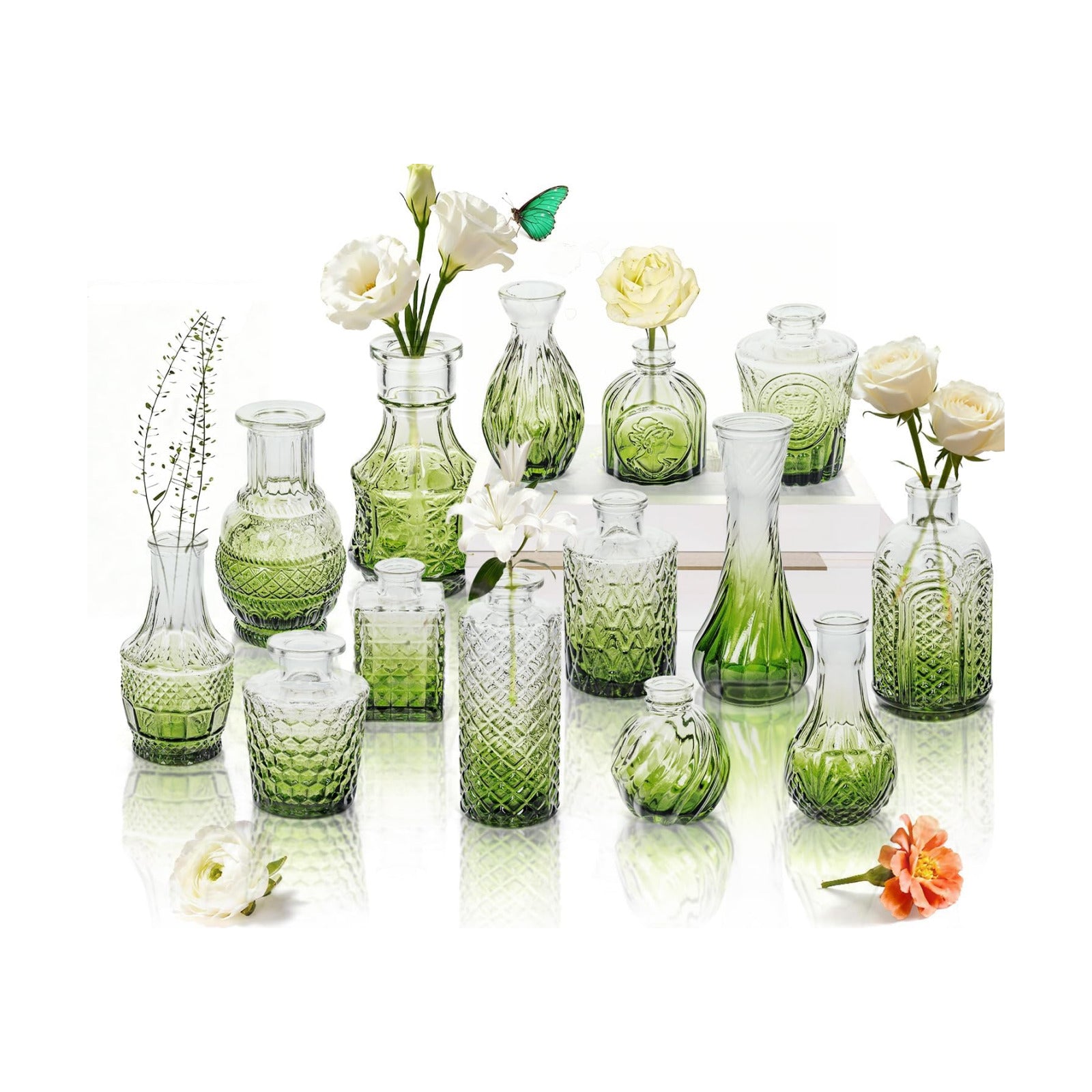 Clear Glass Bud Vase Pcs / Gradient Green / Set of 14