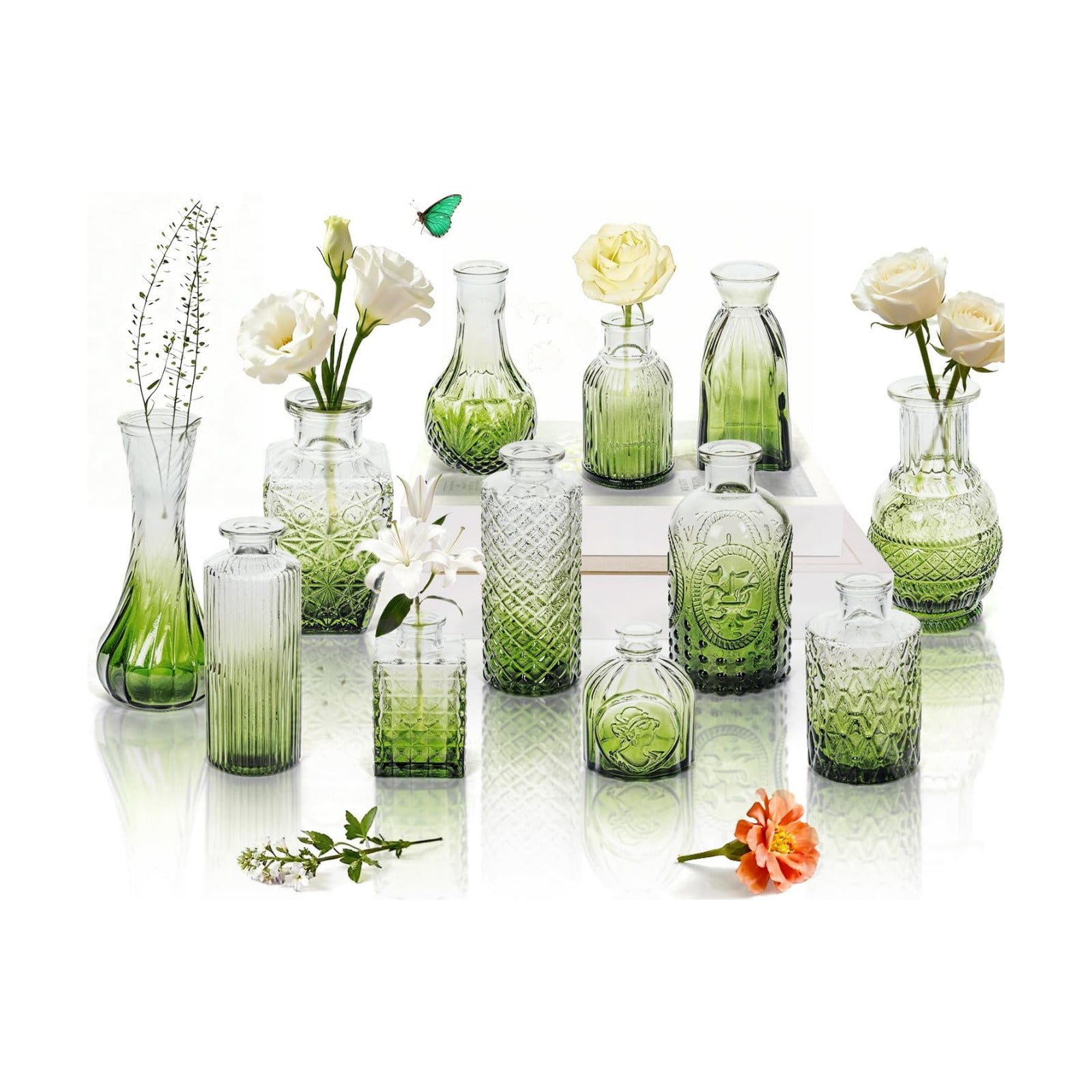 Clear Glass Bud Vase Pcs / Gradient Green / Set of 12