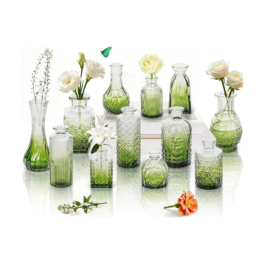 Clear Glass Bud Vase Pcs / Gradient Green / Set of 12