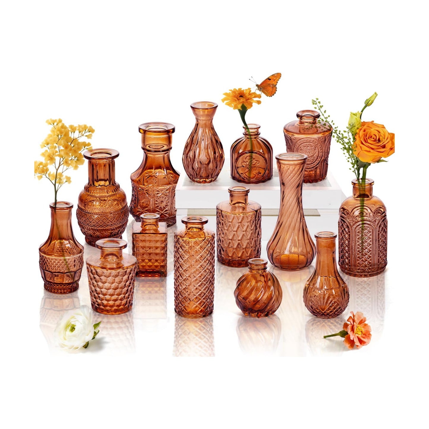 Glass Bud Vase Pcs / Amber / Clear / Set of 14