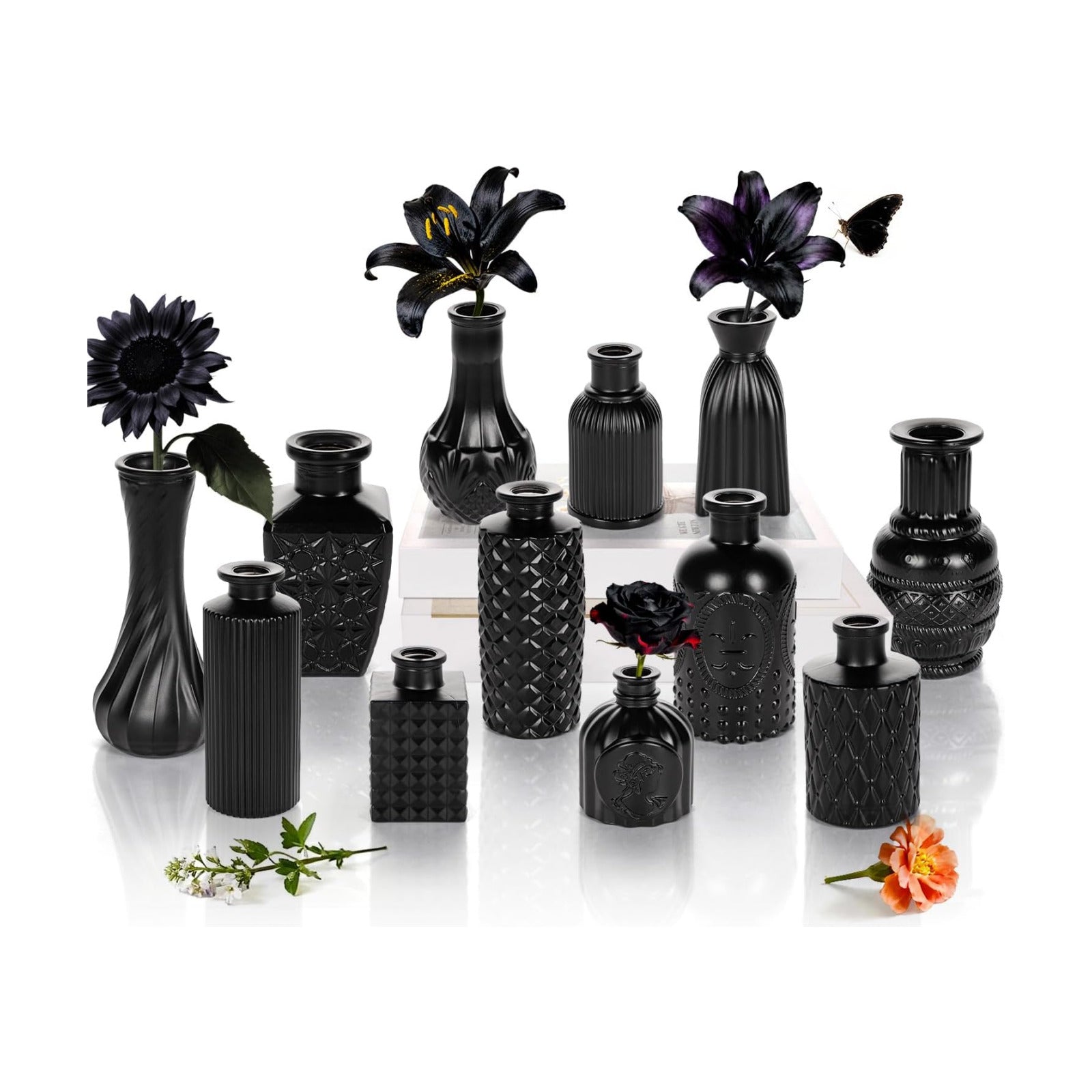 Black Glass Bud Vase Pcs / Classic Black / Set of 12