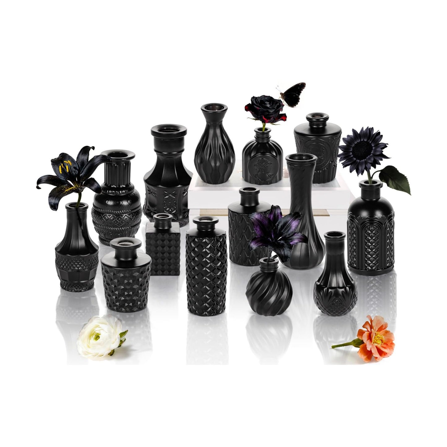 Black Glass Bud Vase Pcs / Classic Black / Set of 14
