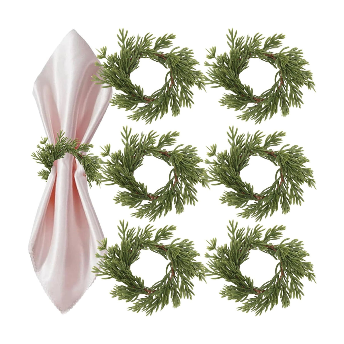 6 Pcs Christmas Napkin Rings Green Artificial Pine Handmade Holiday Wreath Candle Napkin Rings Holders Table Setting for Christmas Table Decor, Wedding, Banquet Decoration