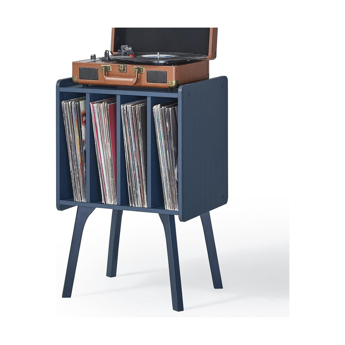 Record Player Stand, Blue Vinyl Record Storage Table for Albums | Mid-Century Modern Turntable Stand with Wood Legs, 4