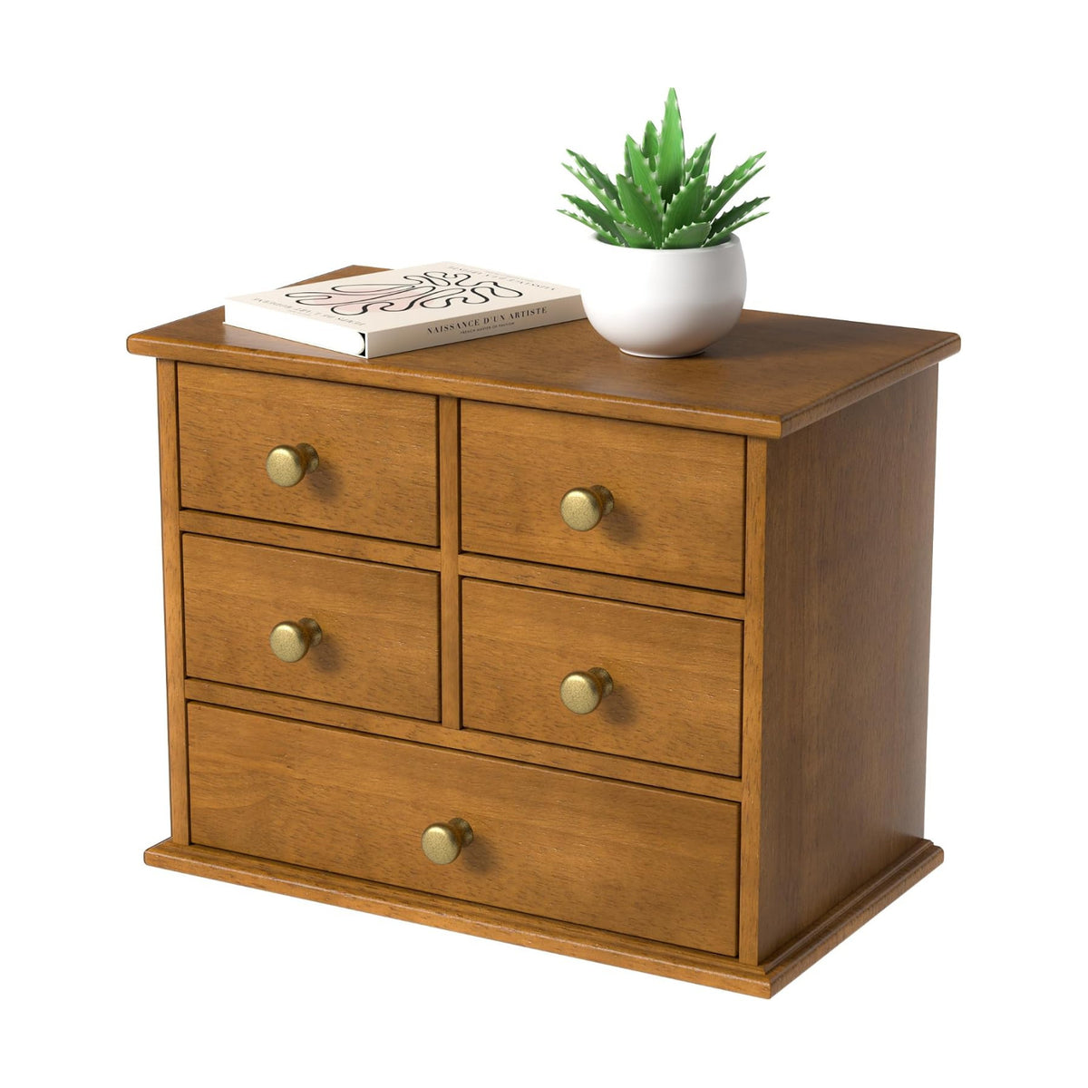 Oak Desk Organizer with Drawers, Durable Wooden Desktop Storage Box | 5 Drawer Tabletop Organizer with Metal Handles &