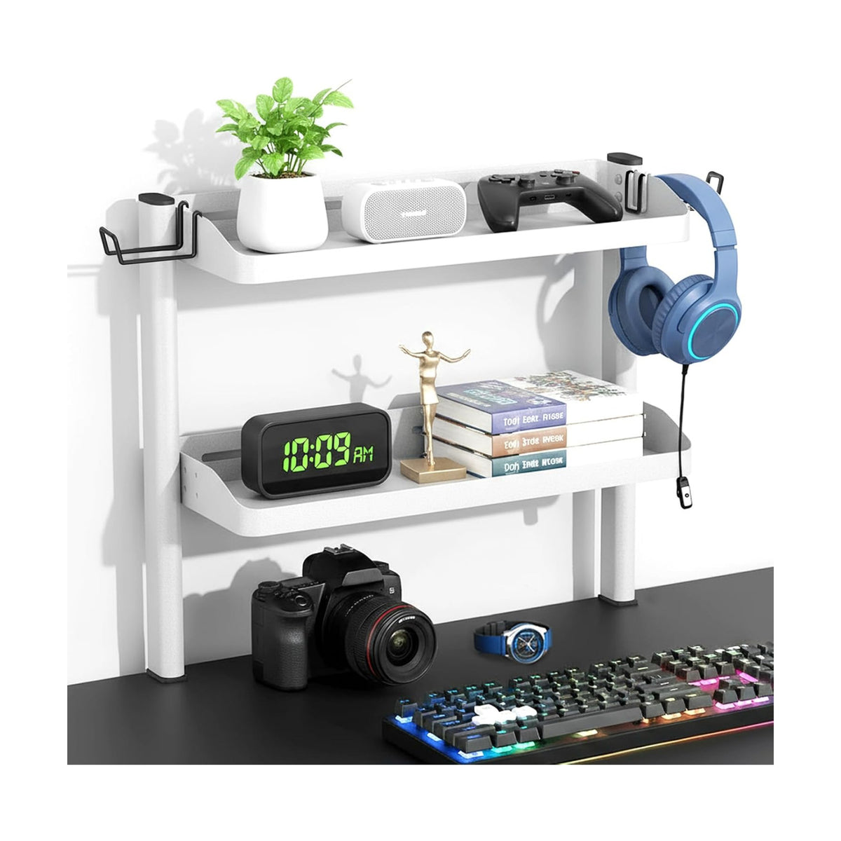 Clamp on Desk Shelf White, 2-Tier Office Desk Shelves Organizer, 17in Small Shelf for Top of Desk with Headphone