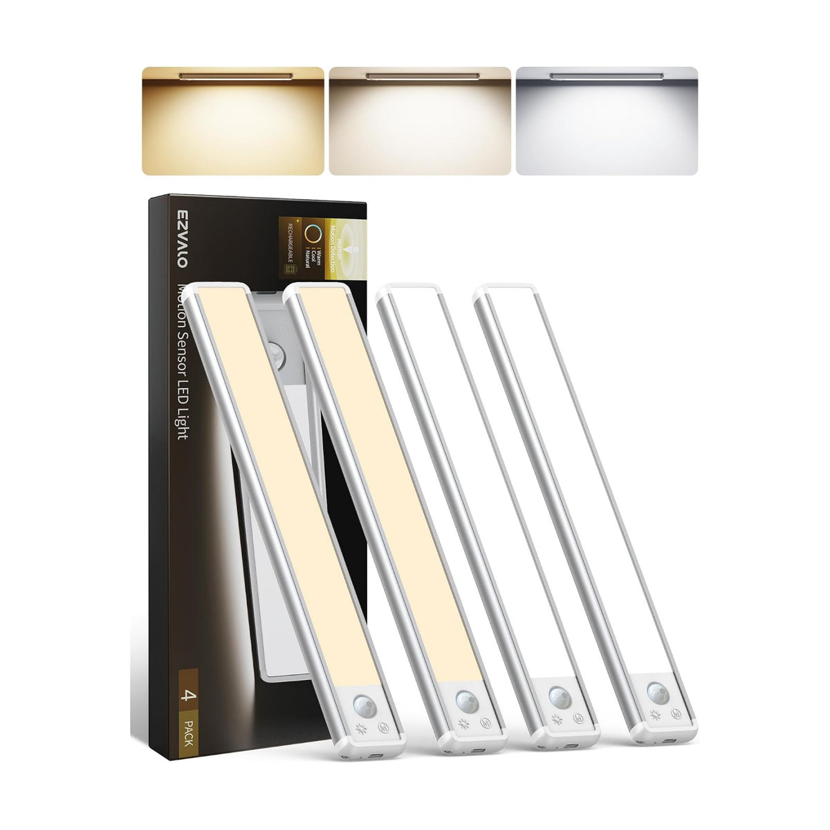 EZVALO 8-Inch LED Under Cabinet Lighting, Magnetic Wireless Motion Sensor Light, Rechargeable 1800mAh, 3 Color