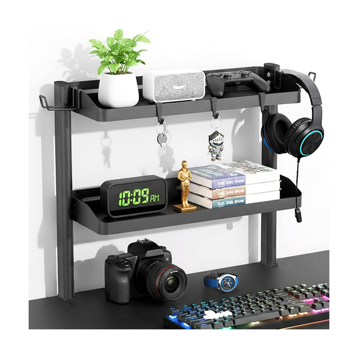 Clamp on Desk Shelf, 17in 2-Tier Office Desk Shelves Organizer, Small Shelf for Top of Desk with Headphone Holder and
