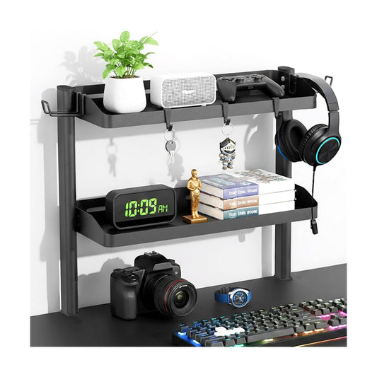 Clamp on Desk Shelf, 17in 2-Tier Office Desk Shelves Organizer, Small Shelf for Top of Desk with Headphone Holder and