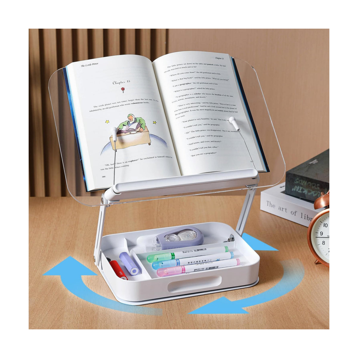 ZOEY Acrylic Book Stand for Reading Adjustable Book Holder with 360 Rotating Base and Storage Foldable Desktop Riser